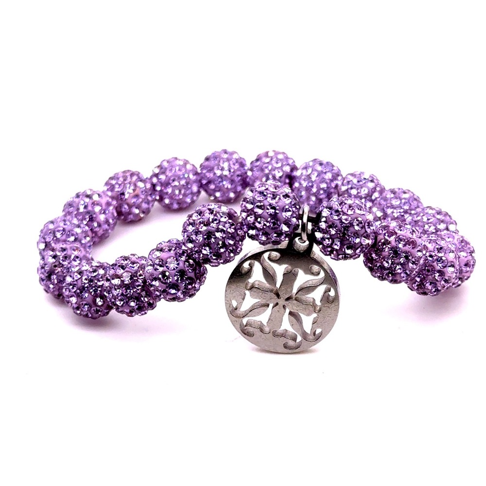 Rustic Cuff Purple Disco Ball Crystal Bead Stretch Bracelet with Logo Charm